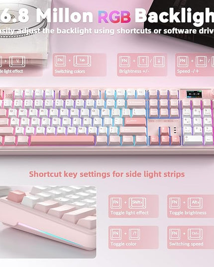 LINGBAO K108 Pro Wireless Mechanical Keyboard with Screen & Knob, Full Size Creamy Keyboard with Number Pad, 10000mAh Battery, PBT Keycaps, RGB Backlit, Hot-swappable Pink Gaming Keyboard for PC/Mac