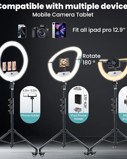 18" Foldable Ring Light with Stand for iPhone ipad Camera, 75" Tripod with Wheels 38W 6500K LED Display/Remote/2 USB Ports Large Big Ringlight Rolling for YouTube Facebook TikTok Live Video Recording