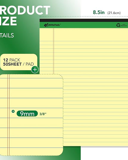 KAISA Legal Notepads 8.5"x11.75"，12pads note pads office supplies Recycled Paper 8.5"x11.75" Wide Ruled 50 sheets Hard Back Notepads 8-1/2"x 11-3/4" Writing Tablet Canary For Office Supplies (Pack of 12) KSU-5668
