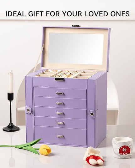 Frebeauty Large Jewelry Box,6-Tier PU Leather Jewelry Organizer,Multi-functional Storage Case with Mirror,Accessories Holder with 5 Drawers for Necklace Bracelets Watches（Purple）