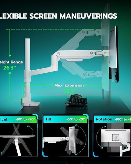 ARES WING Heavy Duty Monitor Arm with USB A/C, Tall Ultrawide Monitor Arm for 17 to 49 inch Screen, Holds 44 lbs, Adjustable Gas Spring Desk Mount, White