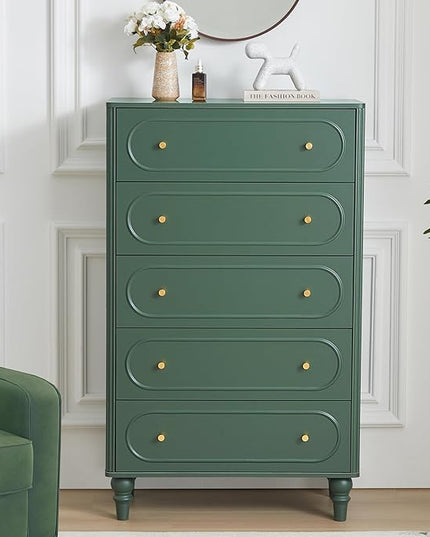 5 Drawer Fluted Dresser for Bedroom, Mid Century Modern Chest of Drawers, Wood Storage Large Dresser Organizer for Bedroom Living Room Hallway Closet, Green