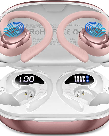 Wireless Earbuds Sport, New Bluetooth 5.4 Headphones with Earhooks, 50H Stereo Deep Bass Over Ear Buds with 4 ENC Noise Canceling Mics, IP7 Waterproof Earphones for Running Workout Gym -Rose