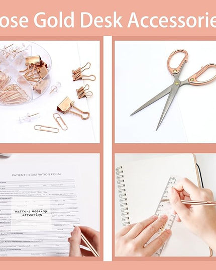Rose Gold Office Supplies,UPIHO Rose Gold Desk Accessories,Stapler and Tape Dispenser Set with Stapler,Tape Dispenser, Staple Remover, Staples, Clips,Scissor,Pen and Sticky Notes,Gifts for Coworkers