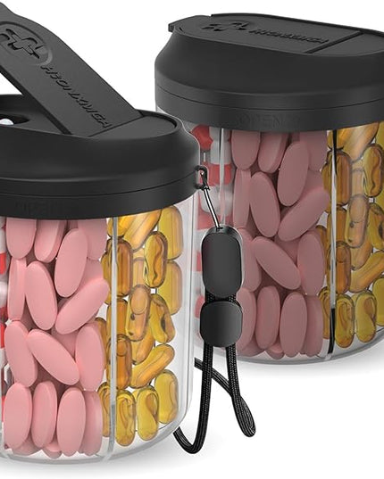 Pill Dispenser with 7 Large Compartments, Pill Bottle Organizer for Travel,Supplement Organizer with Anti-Mixing Design,BPA-Free Pill Container with 20 Pcs Labels,Black 2Pcs