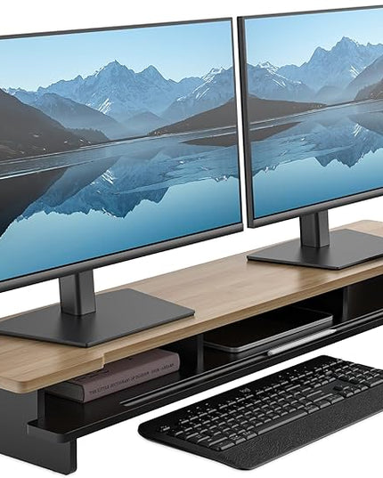 Monitor Stand Dual Monitor Stand Riser for Desk,Wood Desk Shelf Storage Organizer with Phone Tablet Holder (42.5 Inch, Black & Dark Bamboo)