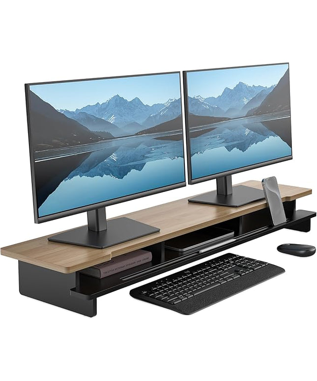 Monitor Stand Dual Monitor Stand Riser for Desk,Wood Desk Shelf Storage Organizer with Phone Tablet Holder (42.5 Inch, Black & Dark Bamboo)