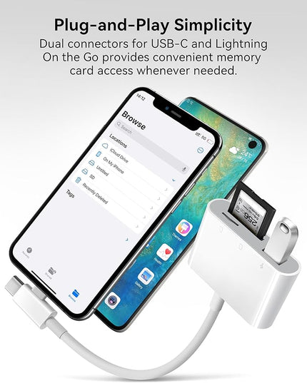 SD Card Reader for iPhone, SD Card Adapter with Lightening & USB C Dual Connectors Plug&Play Supports microSD, SD and USB-A OTG, Portable Trail Camera Memory Reader for iPhone Mac MacBook iPad