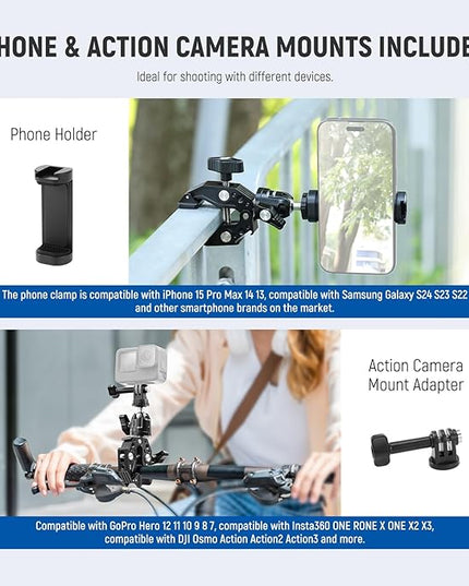 Neewer Super Clamp with Ballhead, Cold Shoe, Phone Holder and Action Camera Mount Adapter for Flat/Round Surface Compatible with GoPro DJI iPhone 15 Pro Max, ST87