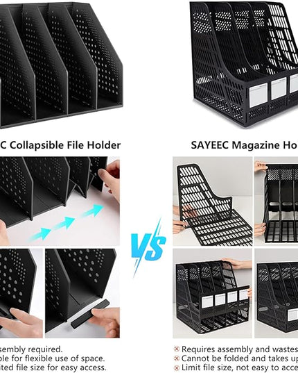 SAYEEC Collapsible Magazine Holder Plastic Desktop 4 Compartment File Rack Magazine Organizer Vertical File Divider Sorter Storage Document Organizer for Office Home School Black