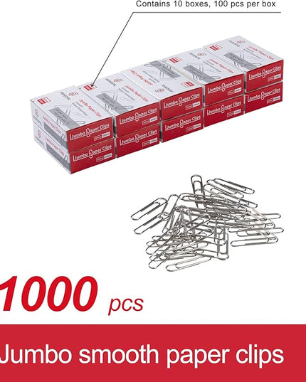 PAPERPAL Paperclips for Office School & Personal Use, Jumbo Smooth Paper Clip (2"), 1000 Large Paper Clips (10 Boxes of 100 Each), Silver
