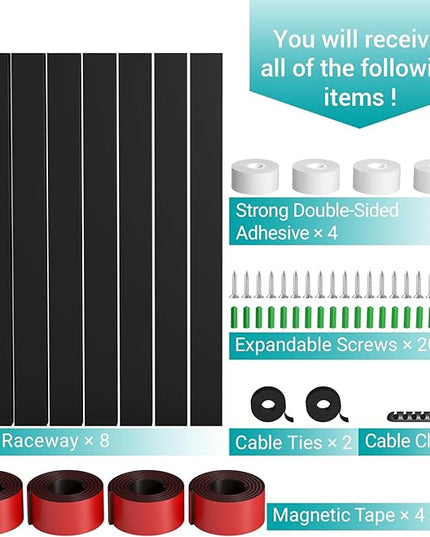 Cable Raceway - Magnetic Cable Management Under Desk with Upgraded Aesthetic Large Hole, Cord Organizer Kit for Hiding Computer, Gaming Desk, Network, Power Cord, TV - 8PCS 8x15.7in Black
