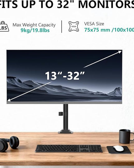 WALI Single Monitor Arm Desk Mount for 13-32 Inch Screens, Premium Gas Spring Monitor Stand with Full Motion Tilt, Swivel, Rotation, Holds up to 19.8 lbs, C-Clamp Mount for VESA 75/100mm (GSDM001S)