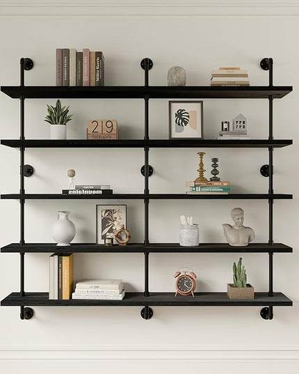 Floating Shelves for Wall Bookshelf Industrial Pipe Shelving Shelves 60 Inch 5 Tier Natural Wood Planks Rustic Wall Shelves Hanging Bookshelves Farmhouse Kitchen Shelving