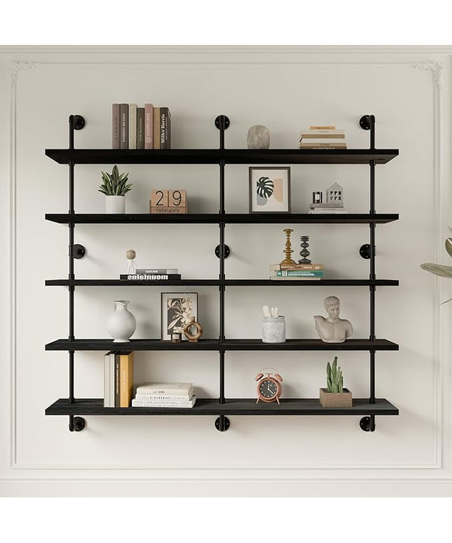 Floating Shelves for Wall Bookshelf Industrial Pipe Shelving Shelves 60 Inch 5 Tier Natural Wood Planks Rustic Wall Shelves Hanging Bookshelves Farmhouse Kitchen Shelving