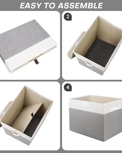 Large 17" 42 Quarts Collapsible Stackable Storage Bins with Lids [3-Pack] Foldable Fabric Linen Storage Boxes Cube, Closet Organizer Baskets with Label (16.7 x 12 x 12, Gray & White)