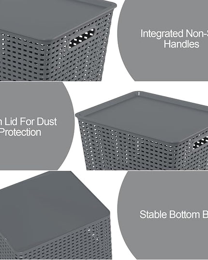 6 Packs Large Plastic Storage Basket Bin with Lid, Tall Stackable Lidded Organizer Baskets for Desktops, Closets, Shelves, Gray