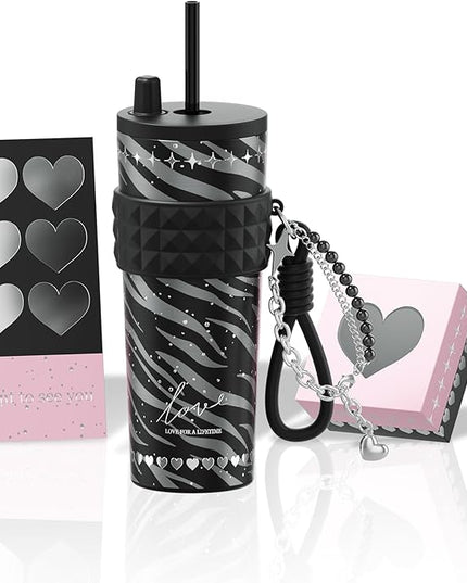 24 oz Stainless Steel Tumbler with Lid and Straw, Insulated Coffee Mug, Leak Proof, Portable Iced Travel Water Bottle, Reusable Thermal Coffee Cup Gift for Women, Black