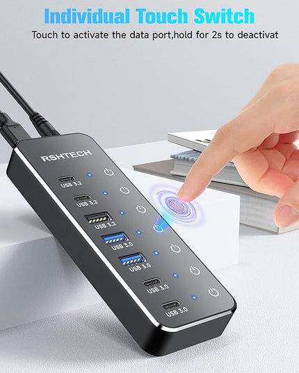 RSHTECH 7-Port Powered USB 3.2/USB-C Hub Splitter with 3 x 10Gbps USB-3.2 Ports (2C + 1A),4 USB-3.0 Ports (2C + 2A), 3.3ft Cable, Touch Switches, and 5V Power Adapter for Laptop PC