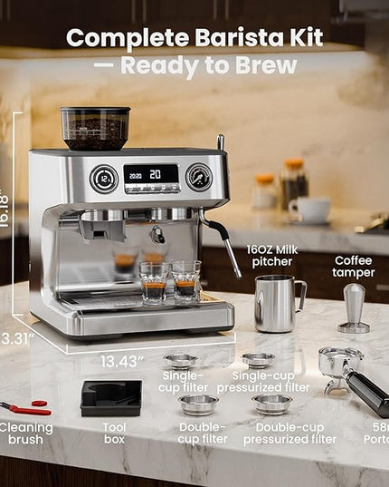 Kismile Dual Boiler Espresso Machine with Grinder, 20 Bar Espresso Maker with Milk Steamer & Hot Water, Dual LED Display, Pressure Gauge, Burr Grinder, coffee Machine for Home&Office, Stainless Steel