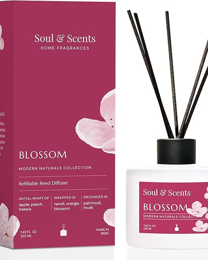 Soul & Scents Reed Diffuser Set – Blossom | 7.43 oz Refillable Scented Oil with 6 Fiber Sticks | Long-Lasting Home Fragrance & Air Freshener for Bedroom, Bathroom, Office | Gift & Décor Piece