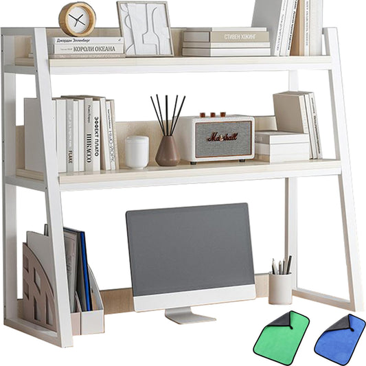 Ladder Desktop Shelf, Desk Hutch 3-Tier for Computer Desk, Desktop Display Rack, Multipurpose Vintage Metal and Wood Desktop Bookshelf Storage Organizer for Dorm Office Home,White,30x13x35"