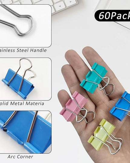 60 Pack Binder Clips Medium, 1.25 Inch/32mm Colored Binder Paper Clips with Container, Paper Clamps for Office Supplies, Home, School,Business Document Organizing (Blue, Pink, Yellow, Green)