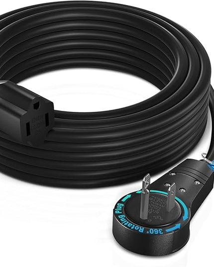 Maximm Extension Cord 50 Ft – 360° Rotating Flat Plug, 3-Prong Grounded, Heavy Duty 14AWG Wire – UL Certified, Indoor Power Cable – Ideal for Long Reach & Tight Spaces – Black