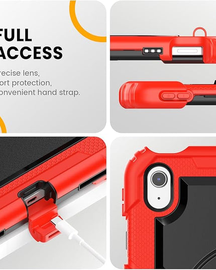 timecity for iPad (A16) 11th/ 10th Generation Case 11''/ 10.9 Inch (2025/2022) - Heavy Duty Protective Cover with Screen Protector, Stand, Shoulder Strap & Pencil Holder | Kids-Friendly - Red