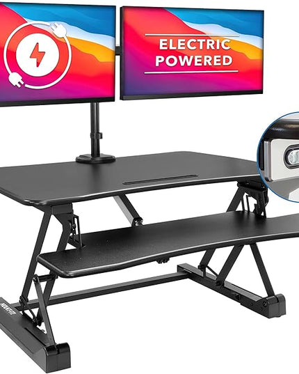 Mount-It! Electric Standing Desk Converter with Dual Monitor Arms for 2 Screens (Max 32"), Large 35.4" Wide Desktop, Motorized Stand Up Desk Riser, Keyboard Tray, USB, Black Stand up Desk Convertor