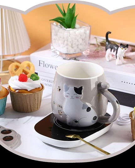 Honeydak Coffee Mug Warmer Cute Cat Mug Set Cup Warmer for Women Heated Coffee Warmers for Mom Home Office Desk Valentine's Day Anniversary Birthday Gifts(Cat,Gray)