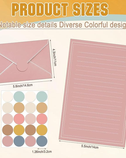 TaoBary 160 Packs Stationery Paper Set (50 Double Sided Stationery Writing Papers 50 Matching Envelopes) 60 Round Dot Sticker, 10 Design (5.5 x 8.25 Inch,Boho Color)