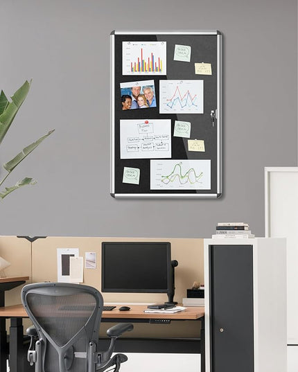 Mifuro 36"x24" Enclosed Bulletin Board, Lockable Weather-Resistant Aluminum Cork Noticeboard for School & Office, Silver Frame w/Black Flet