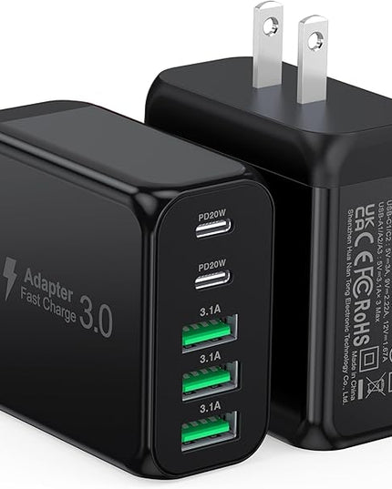 [2-Pack]60W USB C Wall Charger Block, 5-Port C Charger Fast Charging Block PD Power Adapter +QC 3.0 Multiport Type C Box Brick Cube USB A Wall Plug for iPhone 14/15/16/17 Pro Max,Samsung Galaxy(Black)
