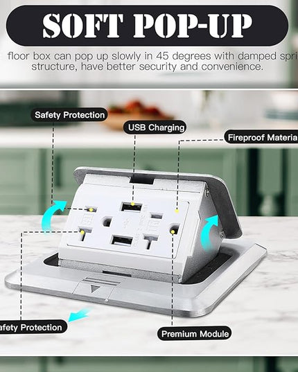 Hoolerry 4 Pack Pop up Floor Electrical Outlet Cover Box Kit with 4.8A USB Charger 20Amp Waterproof Weatherproof Floor Tamper Resistant Outlet Receptacle for Countertop Home (Silver)