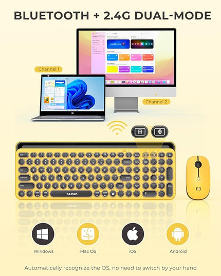 seenda Bluetooth Keyboard and Mouse for iPad, CTU-301 Wireless Multi-Device Connection Bluetooth+2.4G Keyboard Mouse Combo with Tablet Holder for iPad/MacBook/Windows, iOS/Andriod/Phone, Yellow