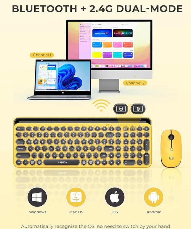 seenda Bluetooth Keyboard and Mouse for iPad, CTU-301 Wireless Multi-Device Connection Bluetooth+2.4G Keyboard Mouse Combo with Tablet Holder for iPad/MacBook/Windows, iOS/Andriod/Phone, Yellow