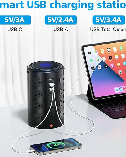 Power Strip Tower Surge Protector with 16 Outlets and 5 USB Ports (2 USB-C), 20FT Extension Cord with Multiple Outlets,Heavy Duty Charging Station,Home Office Dorm Room Essentials.No Wireless Charging