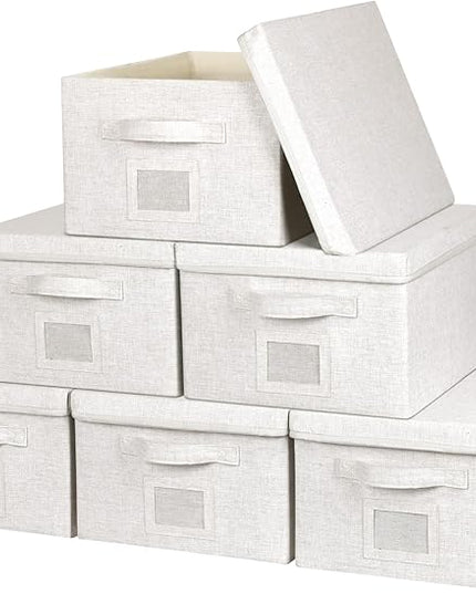Large 17''x12'' Quart Collapsible Stackable Storage Bins with Lids, 6 Packs Off White Fabric Closet Boxes with Lids, Storage Cube Baskets Container Organizers for Bedroom Office(17''x12.2x''8'')