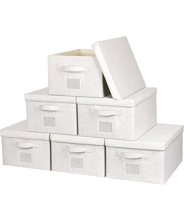 Large 17''x12'' Quart Collapsible Stackable Storage Bins with Lids, 6 Packs Off White Fabric Closet Boxes with Lids, Storage Cube Baskets Container Organizers for Bedroom Office(17''x12.2x''8'')