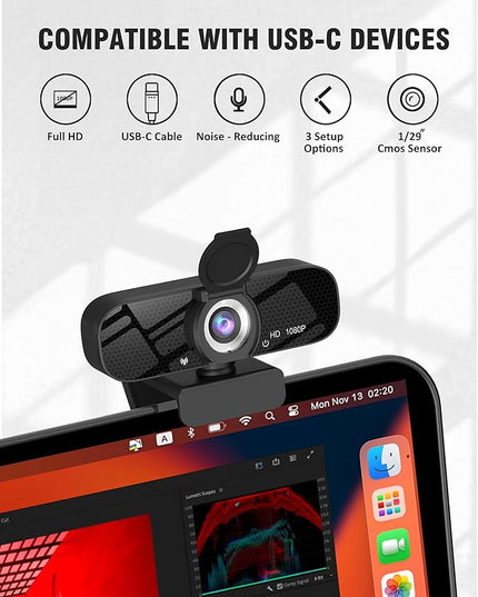 1080P HD Webcam with Built-in Microphone, Rotatable Tripod, Wide-Angle Lens,Privacy Cover, Auto Light Correction, Plug & Play USB-A Webcam for Laptop, Desktop, PC, Streaming-Black