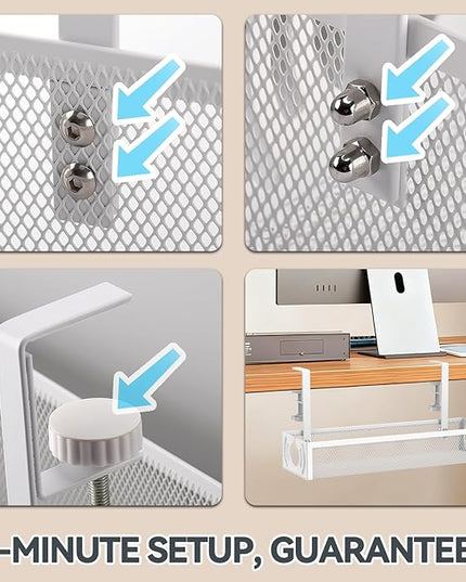 Cable Management, 15'' Under Desk Cable Management Tray No Drill, Metal Cable Organizer with Clamp for Wire Management, Cord Organizer for Home Office, Desk Accessories Organizer, White