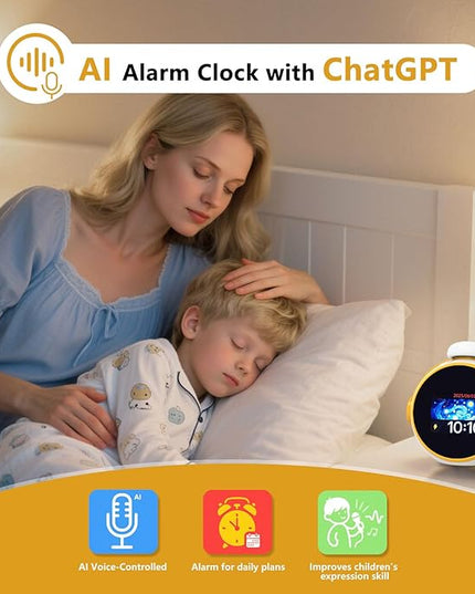AI Clock, Alarm Clock for Kids, Clock with ChatGPT, AI Device, Sound Machine to Wake Alarm Clock for Toddlers and Kids,3-15 Years Bedroom, 2.4G WiFi, 2.8 Inch Screen
