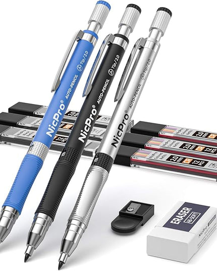 Nicpro 11 Pieces Colors 2mm Mechanical Pencil Set, 3 PCS Carpenter Drafting Pencil 2.0 mm for Art Drawing Writing Sketching Construction with 6 Tube Pre-Sharpen 2B & Color Refill, Eraser, Sharpener