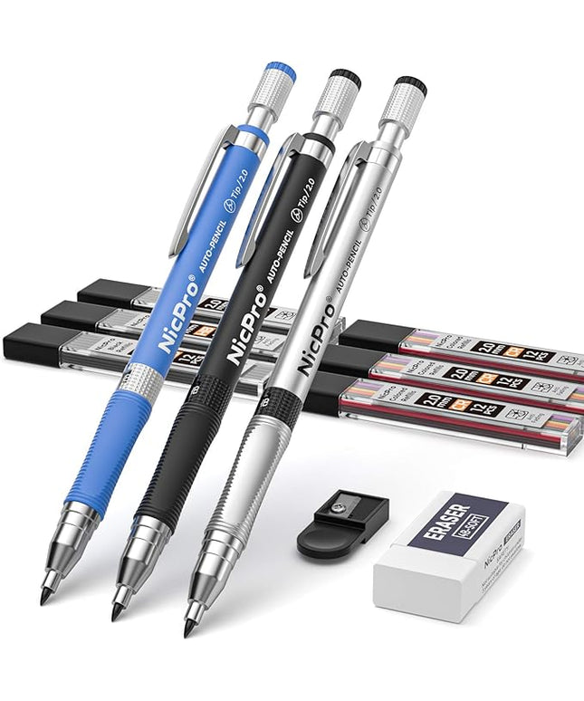 Nicpro 11 Pieces Colors 2mm Mechanical Pencil Set, 3 PCS Carpenter Drafting Pencil 2.0 mm for Art Drawing Writing Sketching Construction with 6 Tube Pre-Sharpen 2B & Color Refill, Eraser, Sharpener