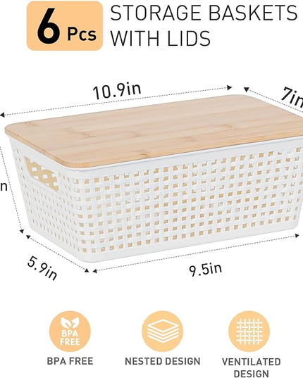Small Storage Bins with Lids 6 Packs, Plastic Storage Basket with Bamboo Lid for Pantry Organization and Storage Containers for Shelves Drawers Desktop Closet Playroom Office Home, White
