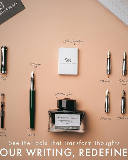 Wordsworth & Black Fountain Pen Gift Set, Includes Bottle, 6 Cartridges, Refill Converter, 4 Replacement Nibs, Premium Package, Journaling, Calligraphy, Smooth Writing Pens [Green Chrome]