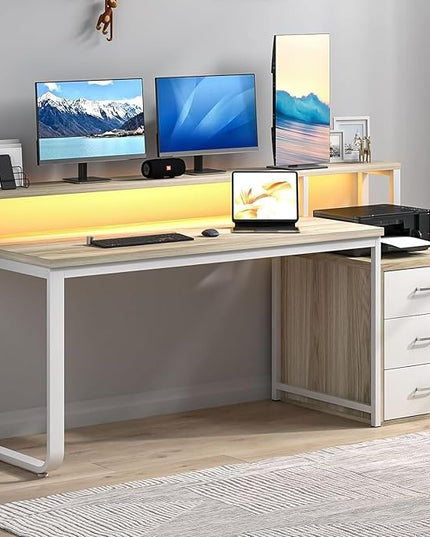 Office Desk with 3 Drawers, 67 Inch Computer Desk with Long Monitor Stand & Printer Shelf, Reversible Long Desk with Storage Shelves & LED Light, White and Walnut