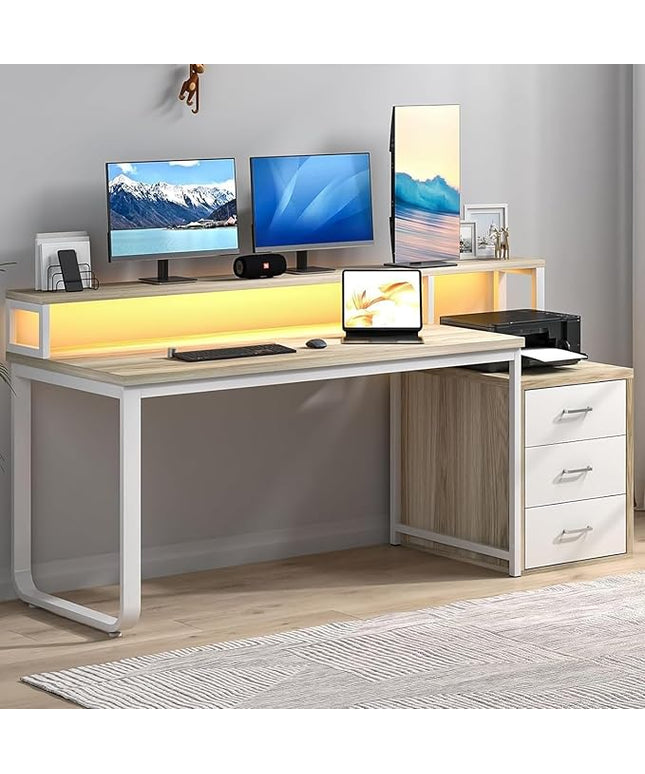 Office Desk with 3 Drawers, 67 Inch Computer Desk with Long Monitor Stand & Printer Shelf, Reversible Long Desk with Storage Shelves & LED Light, White and Walnut