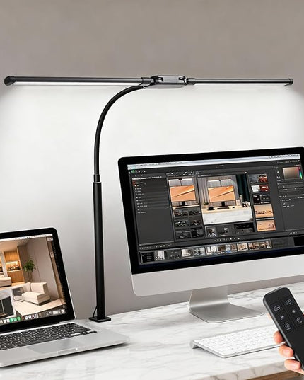 LED Desk Lamp with Clamp, Double Head Adjustable Architect Light, Eye-Caring Monitor Desk Lamp for Home Office, Flexible Gooseneck Task Lamp with 10 Brightness Levels & 5 Color Temperature Modes Black